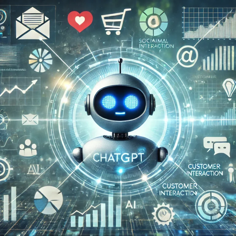 A modern digital marketing concept image featuring a futuristic chatbot symbolizing ChatGPT