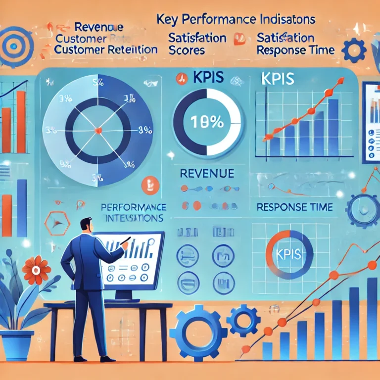 لوحة معلومات تعرض مؤشرات الأداء الرئيسية (KPIs) مثل الإيرادات والاحتفاظ بالعملاء وزمن الاستجابة، مع شخص يحلل البيانات ورموز تعكس التخطيط والتحسين المستمر.